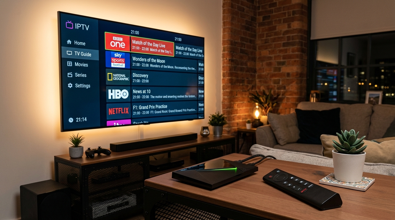 IPTV sur Android Box avec IPTV Charleroi sur Nvidia Shield affichant chaines live et guide TV