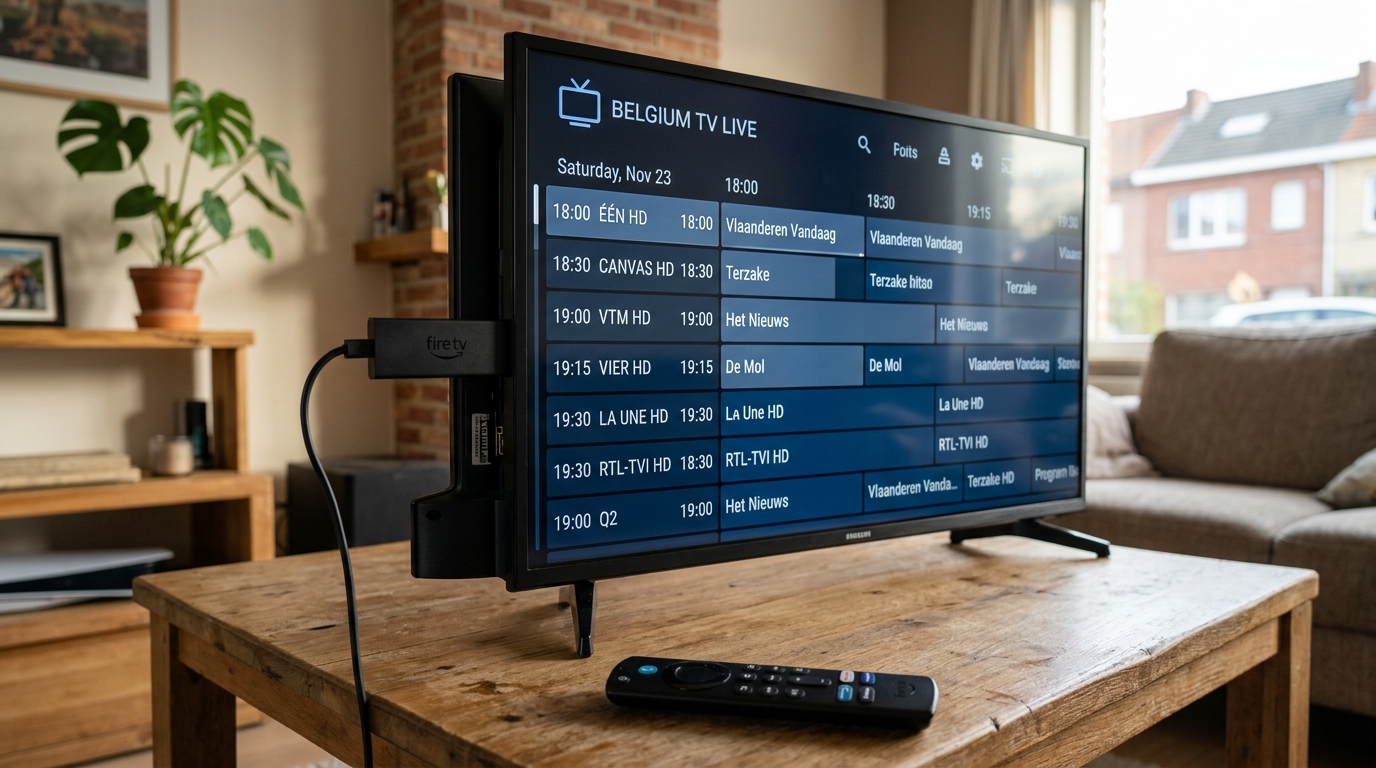 IPTV sur Fire TV Stick avec IPTV Charleroi affichant chaînes live et guide TV