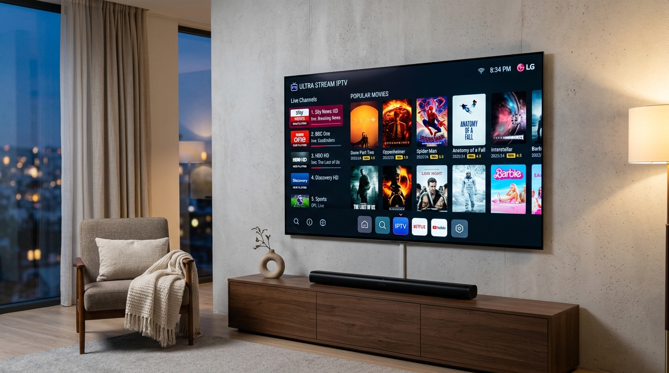 IPTV sur Smart TV LG avec IPTV Charleroi affichant les chaînes belges en direct et le guide TV